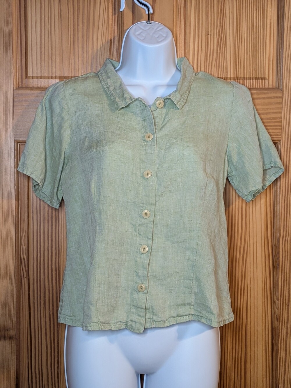 FLAX 100% Linen Collared Buttoned Short Sleeve Celery Green Top Womens Petite S